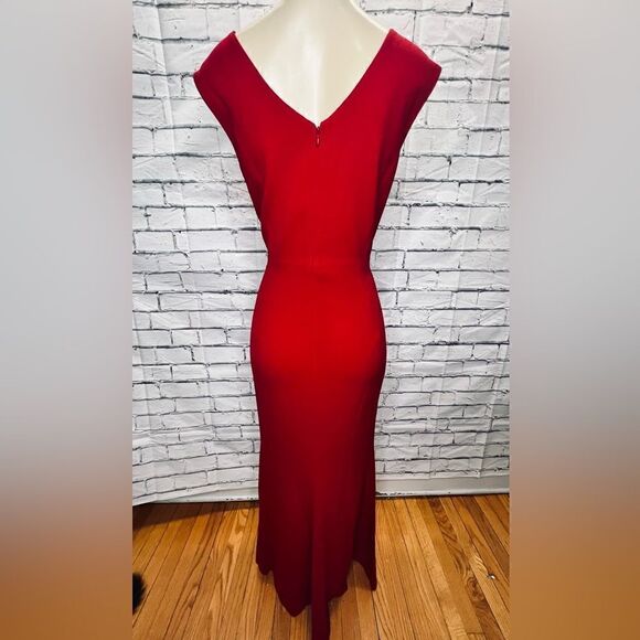 DRESS THE POPULATION Sandra Plunge Crepe Trumpet Gown size L NWOT in garnet red - Picture 6 of 9